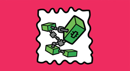 Abstract illustration of interconnected green blocks representing technology and data.