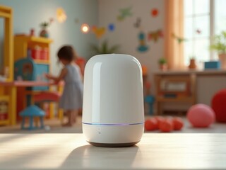 White smart speaker device in children's room. Intelligent assistant in smart home system. Modern kitchen with AI smart assistant device on table