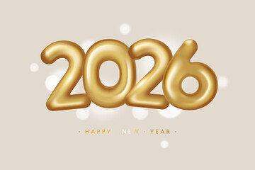 2026 Glossy Golden numbers, Happy New Year greetings. Vector illustration in a 3D style