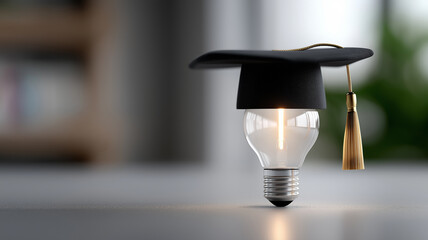 Innovative educational concept showing warm glowing lamp bulb with graduation cap, representing bright ideas, academic achievement, wisdom, and successful student celebration on minimal professional b