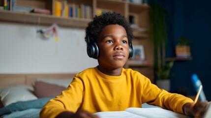 Fototapeta premium A young boy wearing headphones and sitting at a desk, engrossed in his work or study.