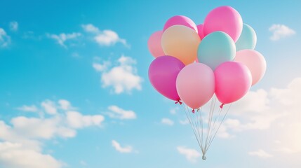 Colorful balloons in shades of pink and blue float against a bright blue sky with fluffy clouds, creating a cheerful and festive atmosphere for celebrations and events