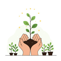 Hands Gently Holding Small Sapling Flat 2D Vector: Symbolizing Environmental Care, Growth, and Sustainability