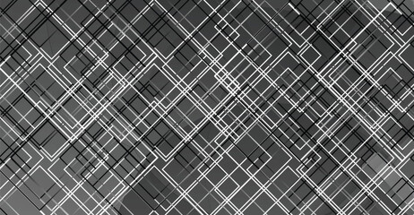 Fototapeta premium Abstract geometric pattern featuring overlapping squares and rectangles in shades of gray and white.