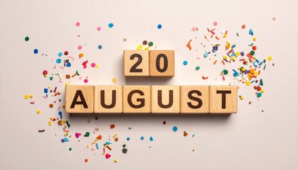 Wooden Blocks with Date 20 August. Calendar for birthday or anniversary on solid colored background with confetti