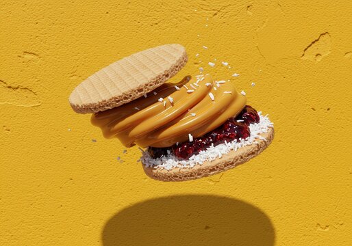 Levitating Colombian oblea wafer with arequipe jam and coconut against a bright yellow wall