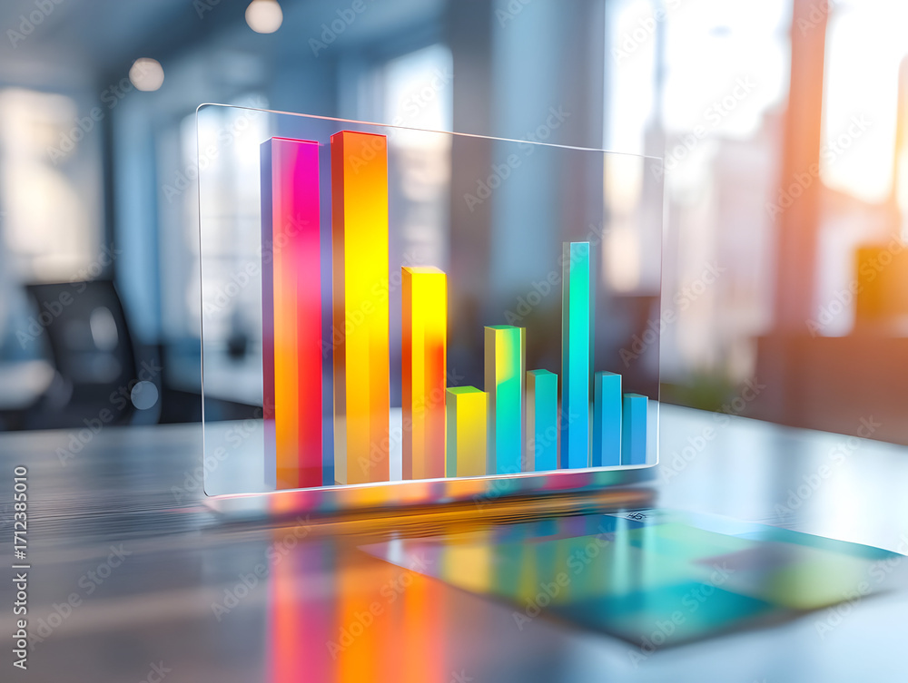 Poster vibrant data visualization with colorful bar charts representing growth and innovation in a modern w