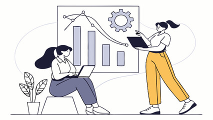 Two women working together using digital devices and charts, flat graphic style, with abstract background, concept of collaboration and data analysis. .