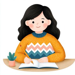 Business and Education Flat Icons Young Girl Drawing in Notebook with Plants on Table and Cheerful Expression