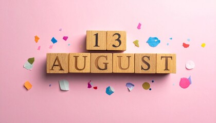 Wooden Blocks with Date 13 August. Calendar for birthday or anniversary on solid colored background with confetti