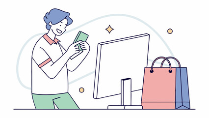 Smiling man uses smartphone for online shopping with credit card, money, big screen and shopping bags on white background. Concept of e-commerce. Vector .