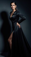Fototapeta premium Elegant beautiful woman in a long black satin evening dress posing in a dark studio setting