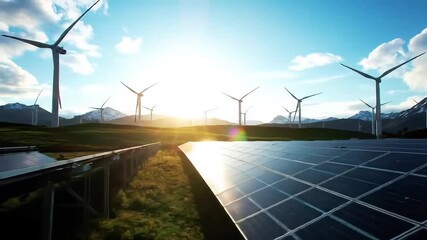 Dynamic renewable energy sources with wind turbines and solar panels under a vibrant sunset - Powered by Adobe