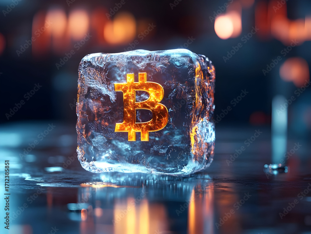 Poster a mesmerizing ice cube embedded with a glowing bitcoin symbol, representing the intersection of cryp