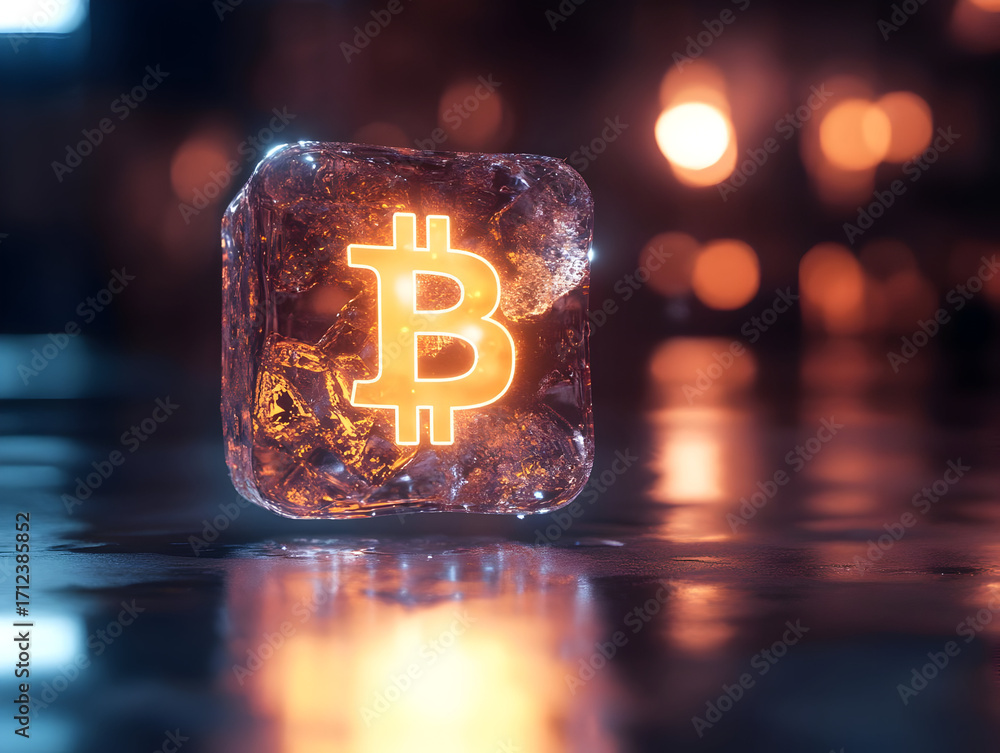 Poster A glowing Bitcoin symbol encased in ice, representing the fusion of cryptocurrency and modern technology in a unique visual.