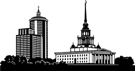 Obraz premium High resolution black and white city skyline silhouette design with architectural detail and urban landscape elements