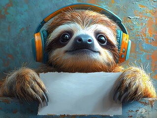 Obraz premium Adorable sloth wearing headphones holds a blank card ready for a custom message