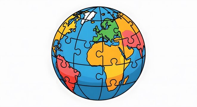 Illustration of Planet Earth as a colorful jigsaw puzzle with continents as pieces, symbolizing globalization and unity