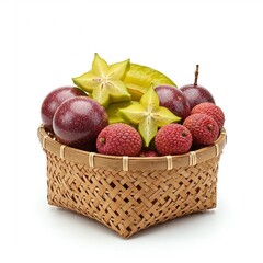 Delicate bamboo basket filled with exotic fruits on pure white background