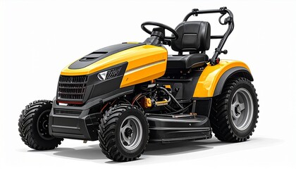 A yellow ride-on lawn mower with padded seat, steering wheel, rugged tires, and rear grass bin&mdash;evokes crafted utility, symbolic maintenance, and the rhythm of landscaped control and outdoor care.