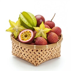 Delicate bamboo basket filled with exotic fruits on pure white background