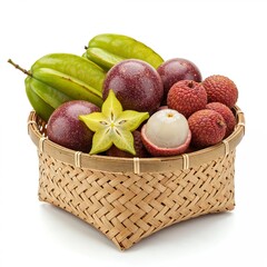 Delicate bamboo basket filled with exotic fruits on pure white background