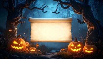 A glowing parchment scroll in a dark forest—surrounded by jack-o'-lanterns, twisted trees, bats, mushrooms, and fallen leaves—evokes crafted lore, symbolic ritual, and the rhythm of Halloween enchantm