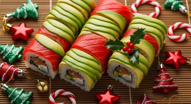 Delicious christmas sushi rolls with avocado and salmon for holiday party food and japanese cuisine