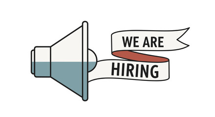 An engaging visual representation of a classic megaphone emitting a 'We Are Hiring' banner, ideal for illustrating employment announcements and career growth.