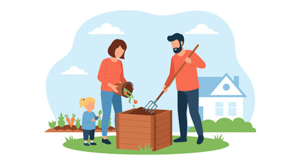 Fototapeta premium A happy family is actively engaged in sustainable gardening practices, creating nutrient-rich compost in their backyard to foster environmental responsibility.