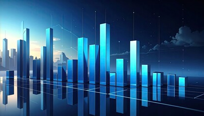 Abstract Blue Bar Graph on Reflective Surface Displaying Data Visualization with Cityscape Silhouette Background and Dotted Lines in Evening Ambience