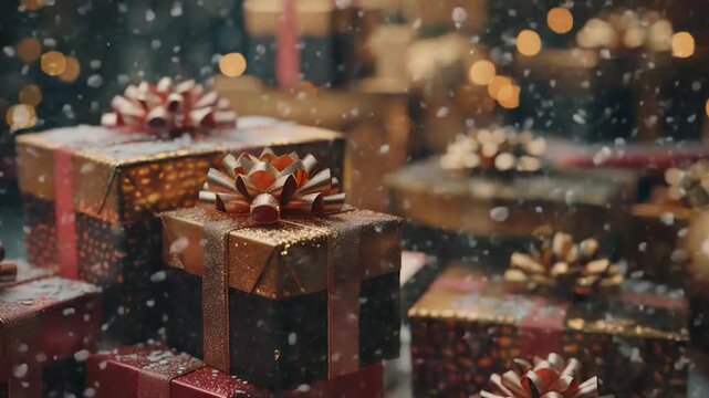 A pile of wrapped gifts stacked high, perfect for holiday or party decoration