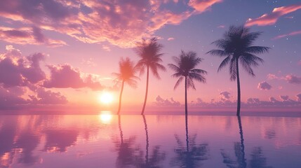 Fototapeta premium Vibrant tropical sunset with four silhouetted palm trees and their perfect reflection in the calm ocean water