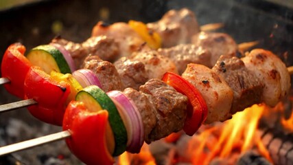 Tasty skewers with vegetables and meat grilled on the grill - Powered by Adobe