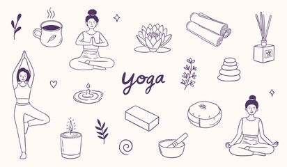 yoga meditation exercise illustration doodle sketch drawing collection set