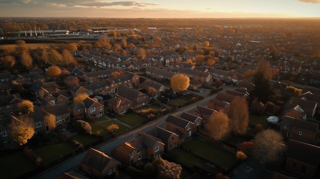An aerial view of a residential area. Video of the town of bedfordshire luton england. Drones flying over the evening houses at sunset. A bird's-eye view of lifestyle a housing neighborhood.