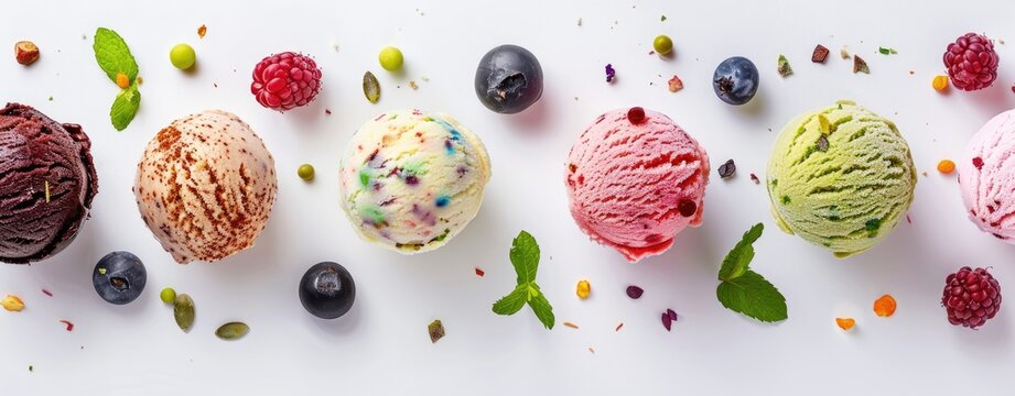 Photography of ice cream balls in a top view, showing various colors and flavors, isolated on a white background, with high resolution photography