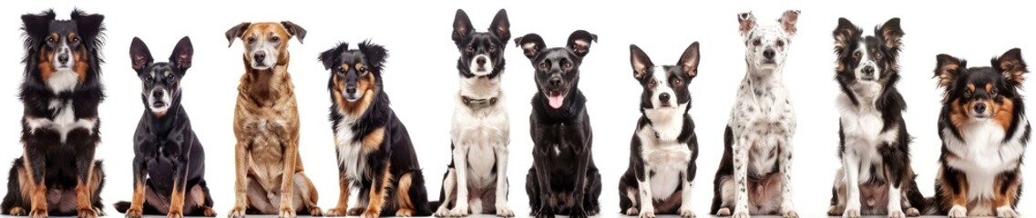 Obraz premium Photography of multiple dogs sitting in front view, isolated on white background, high resolution photography,