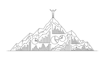 Reaching the peak of success through data analysis, a conceptual line drawing of a figure on a mountain of business charts