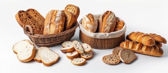 Photorealistic collection of white bread slices and loaves, arranged in various shapes like a basket or pile on an isolated background