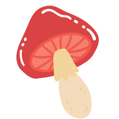 Red mushroom with beige stem and shiny cap, simple cartoon style illustration with smooth shapes and warm colors, evoking playful and cheerful mood
