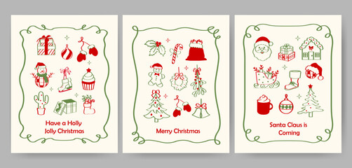 Whimsical Christmas doodles greeting card set. Hand drawn holiday icons of Santa Claus, tree, snowman, candy cane, giftbox, baubles, gingerbread house, holly, cactus.