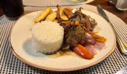 Peruvian Alpaca Meat Dish with Rice and Vegetables