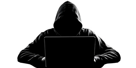hacker silhouette with laptop, isolated on a transparent background.