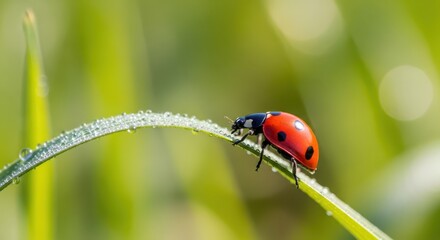 Obraz premium Tiny Red Ladybug Crawling on Dewy Green Grass Blade in Morning Sunlight