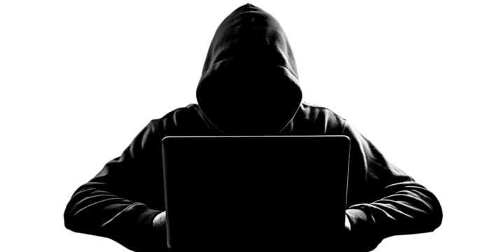hacker silhouette with laptop, isolated on a transparent background.