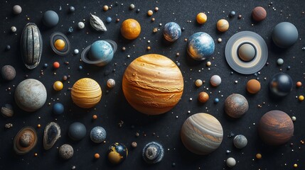 Colorful arrangement of various planets and celestial bodies on a dark surface, showcasing the diversity of the solar system and the beauty of space exploration