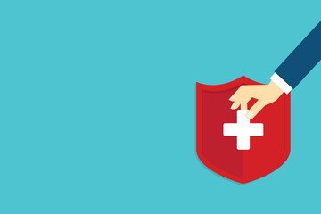 Medical healthcare insurance. Red shield on patient protection policy and pen. Medicine symbol.	