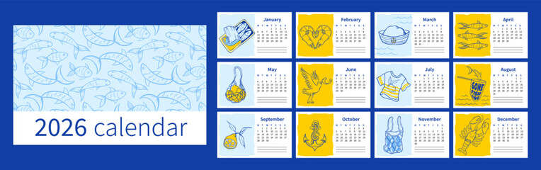 Creative 2026 wall calendar featuring nautical fish pattern and monthly marine illustration. Perfect for coastal interiors, gifts, planners and sea inspired branding. Vector doodle illustration.