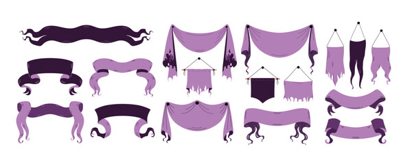 Set of Halloween decorative ribbons and ragged banners in purple tones. Perfect for eerie party decor, haunted house designs, posters, invitations and spooky seasonal projects. Vector illustration.